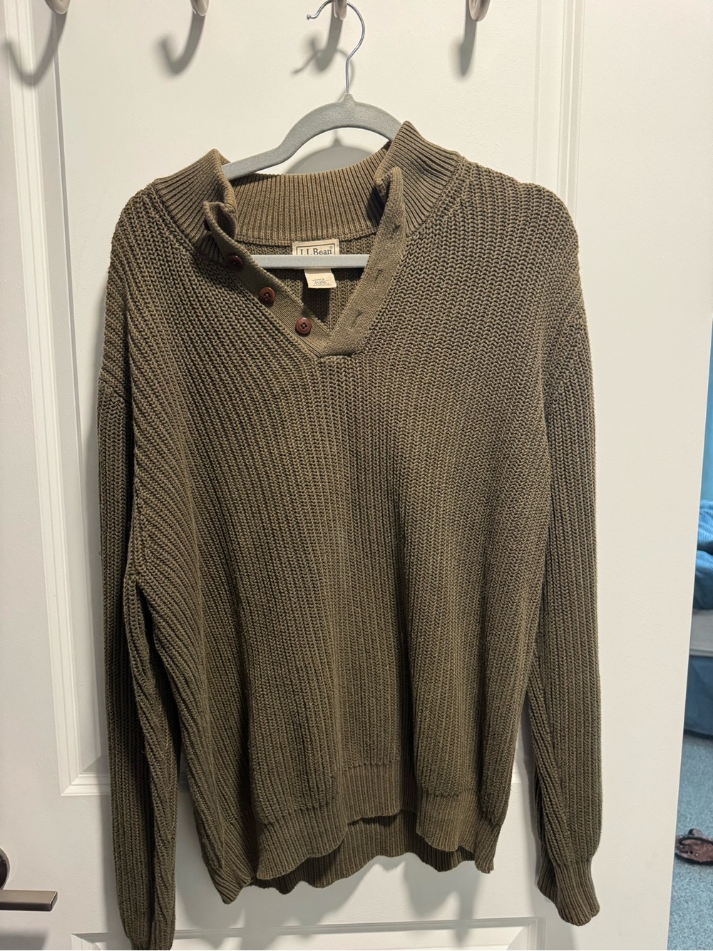 L.L.Bean Men’s M 100% Cotton Olive Green Textured Henley Sweater Pullover